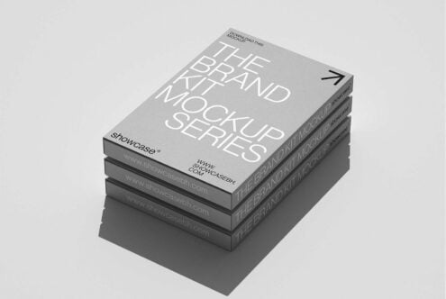 Stack of gray book-style mockups titled The Brand Kit Mockup Series. Ideal for branding presentation. Keywords: mockups, brand, design assets, templates, showcase.