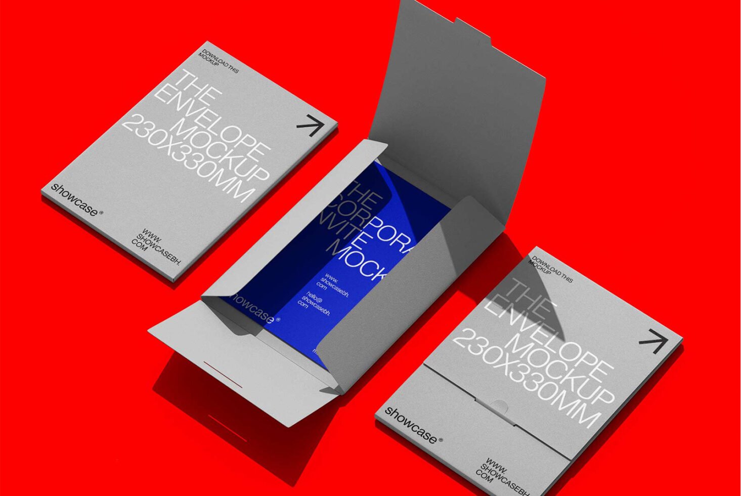 Envelope mockup with modern design on a bright background. Features dimensions 230x330mm. Ideal for branding and stationery presentations.