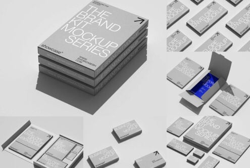 Brand kit mockup series featuring stacked boxes, envelopes, and business cards. Perfect for designers seeking professional, realistic branding templates.
