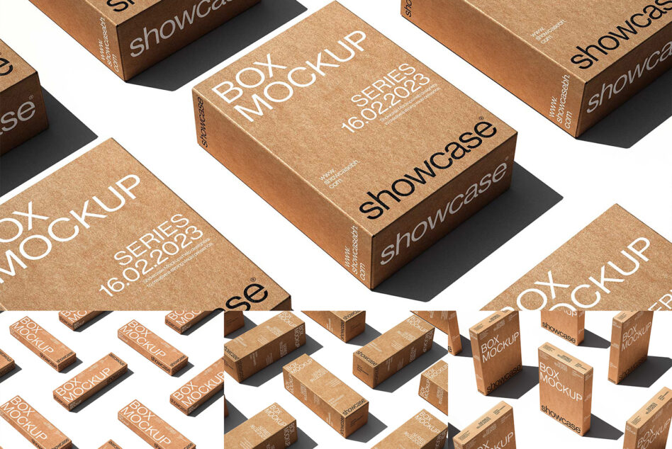 Kraft cardboard boxes in isometric layout with white text, various sizes from small to large