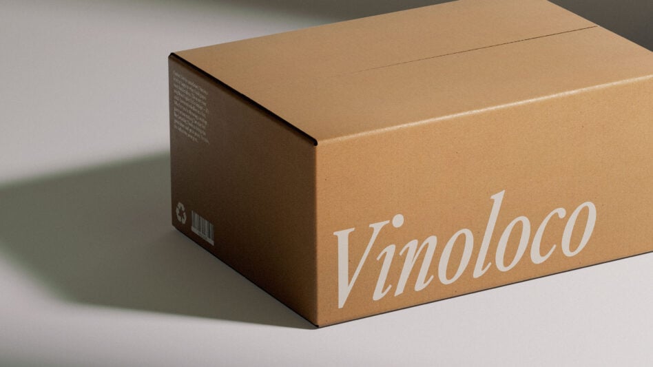 Cardboard box mockup with Vinoloco branding on a neutral background. Ideal for packaging design projects, showcasing font graphics in realistic settings.