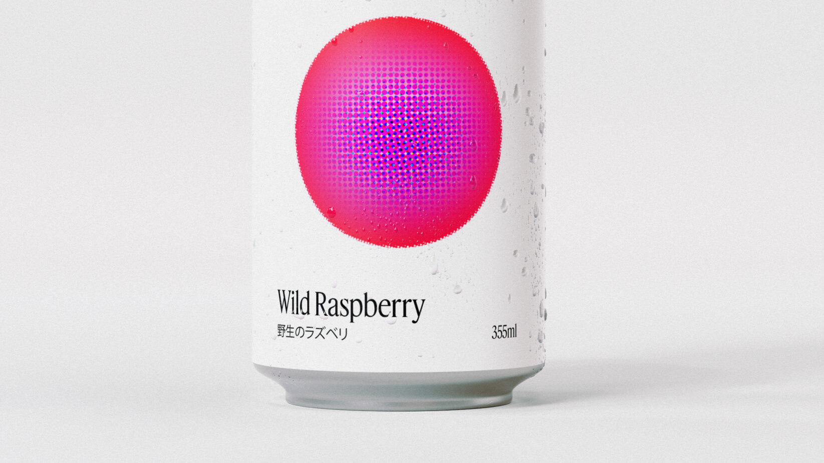 Minimalist soda can mockup featuring a vibrant pink circular graphic Wild Raspberry text sleek modern design suitable for branding and packaging projects.