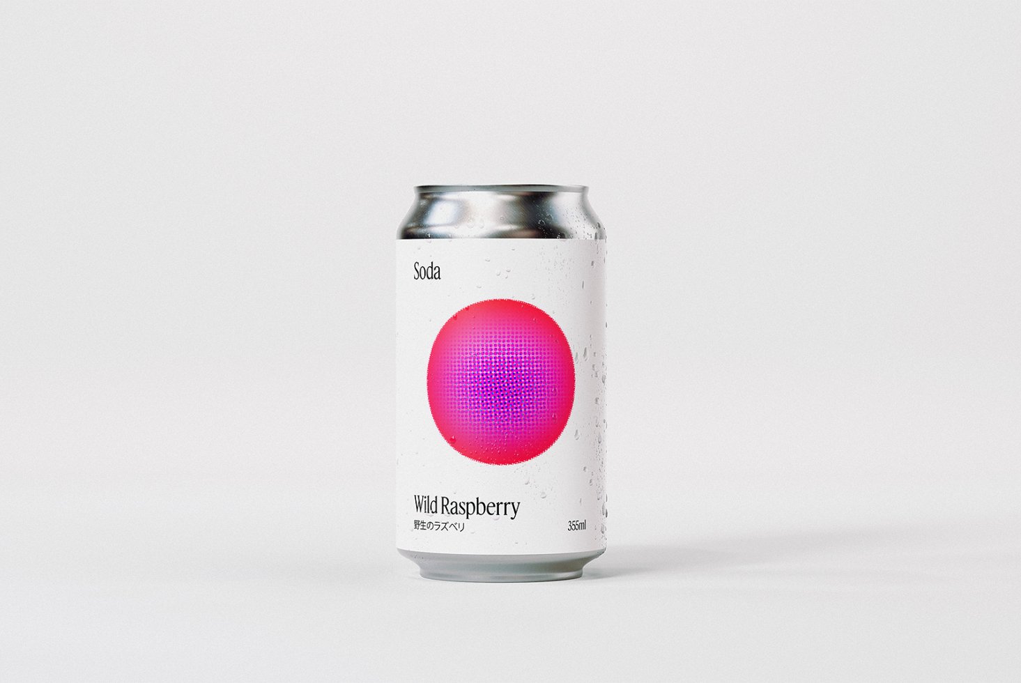 Modern soda can mockup with minimalistic wild raspberry label design on a sleek silver background perfect for branding packaging templates graphics use.