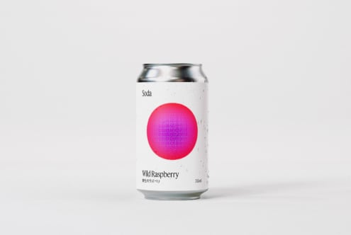 Modern soda can mockup with minimalistic wild raspberry label design on a sleek silver background perfect for branding packaging templates graphics use.