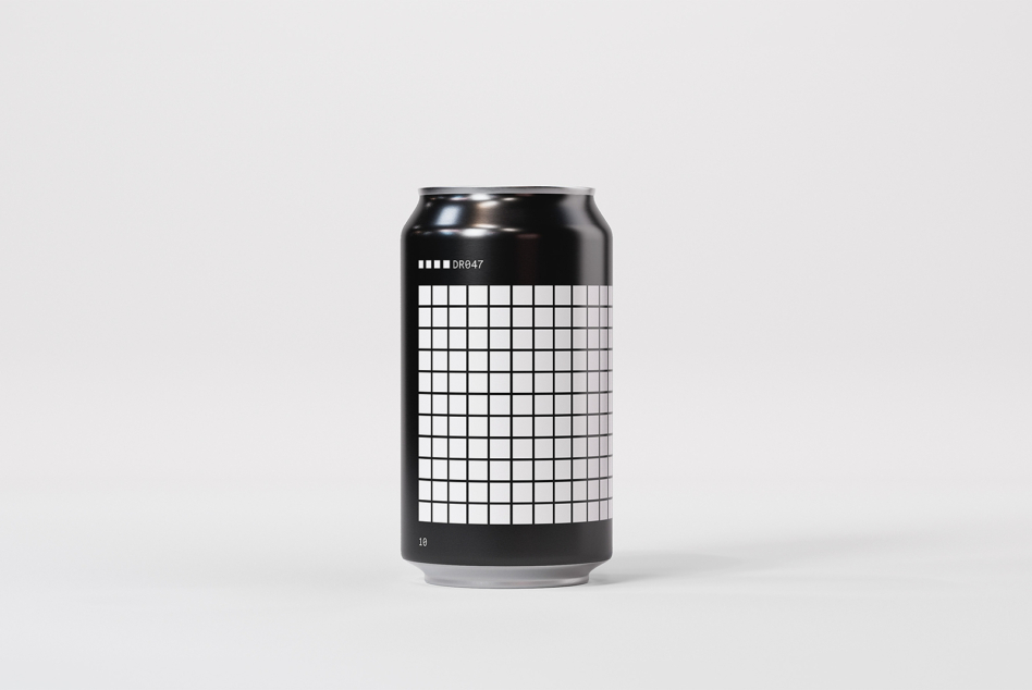 Black aluminum can mockup with white grid pattern overlay for custom branding