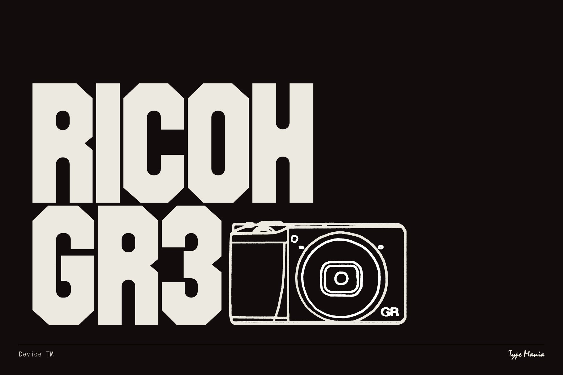 Bold typography graphic of Ricoh GR3 with camera sketch on black background. Ideal for designers and digital assets. Keywords: typography, graphic, design.