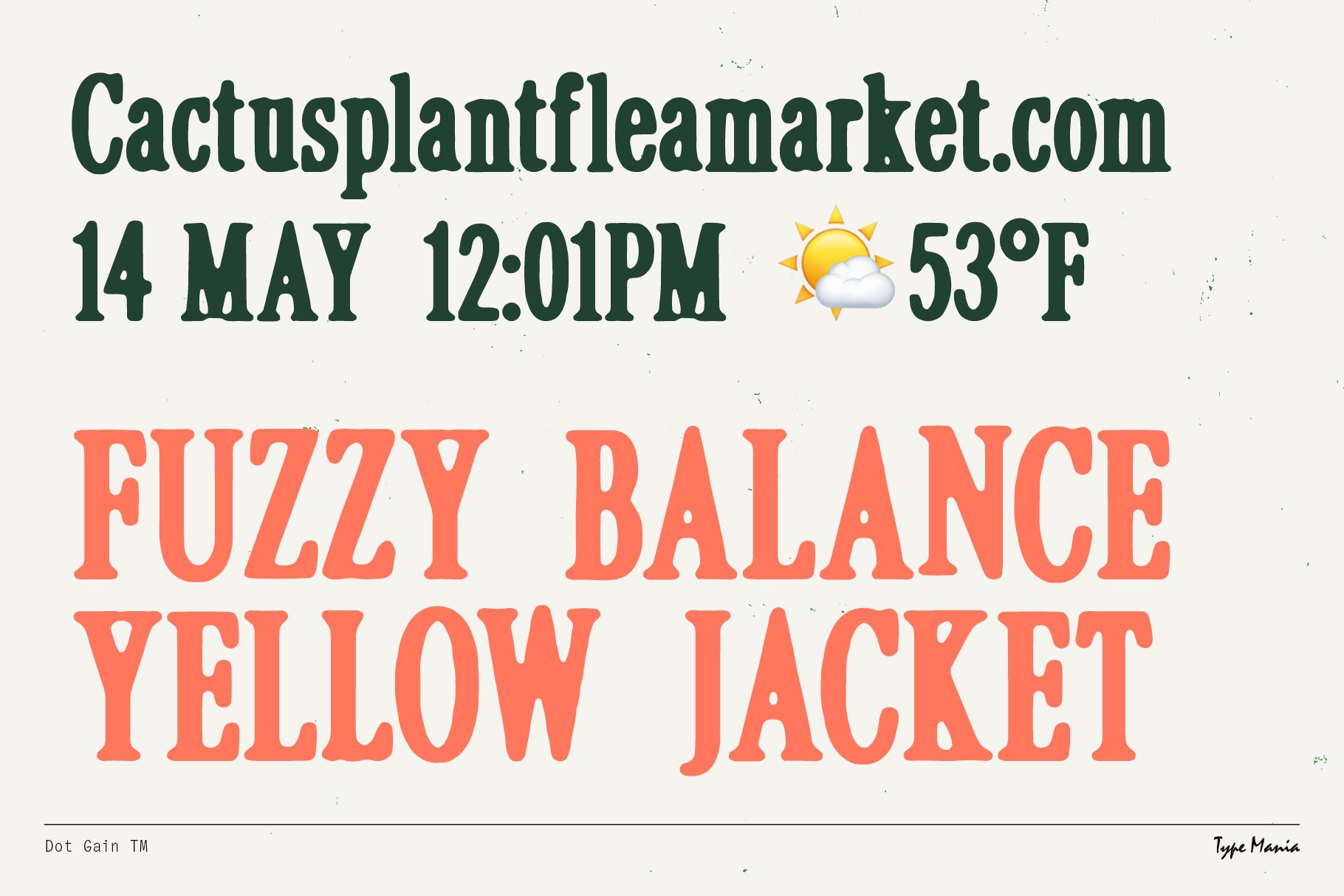Bold retro typography graphic, featuring the text Cactusplantfleamarket dot com in green and Fuzzy Balance Yellow Jacket in orange, ideal for designers.