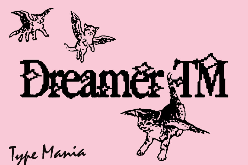 Dreamer TM display with sketchy demons, wings, text on pale pink background by Type Mania