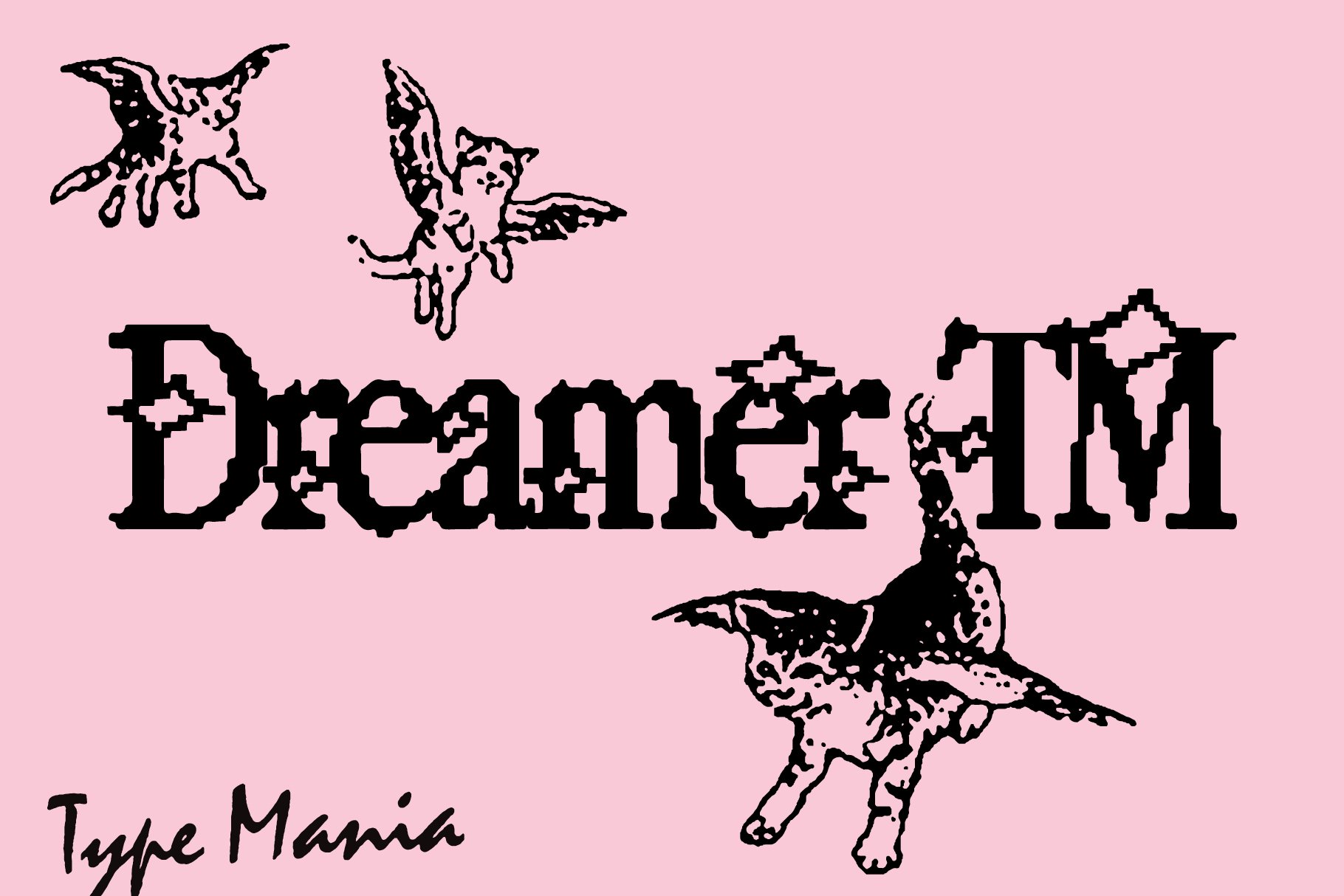Dreamer TM text with vintage style font featuring flying cats in playful design on pink background. Ideal for typography and graphic design projects.