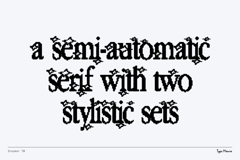 Semi automatic serif font with two stylistic sets featuring sparkle accents on white background