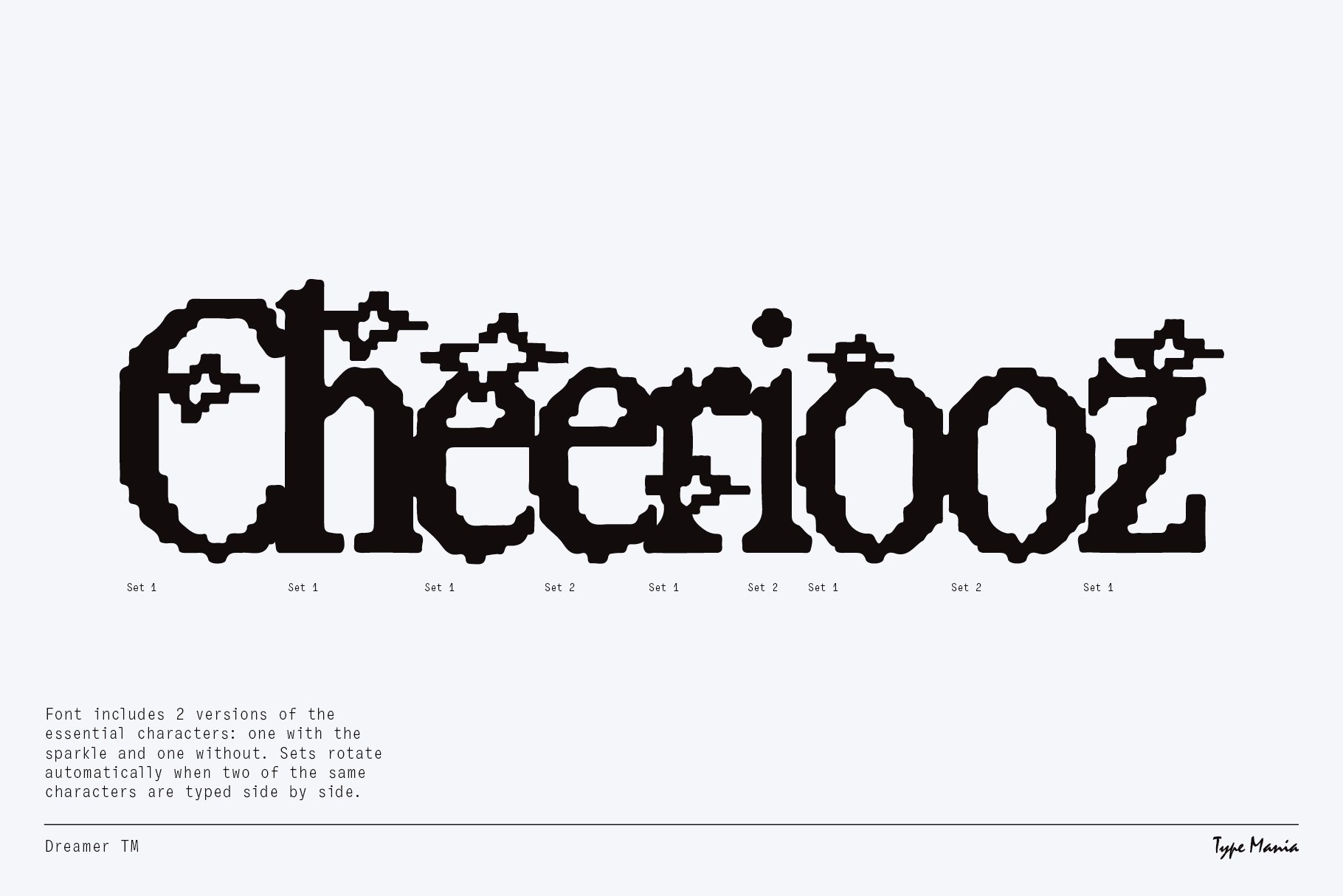 Bold decorative font design displaying the word cheerioo with unique sparkles, suitable for digital design projects and typography enthusiasts.