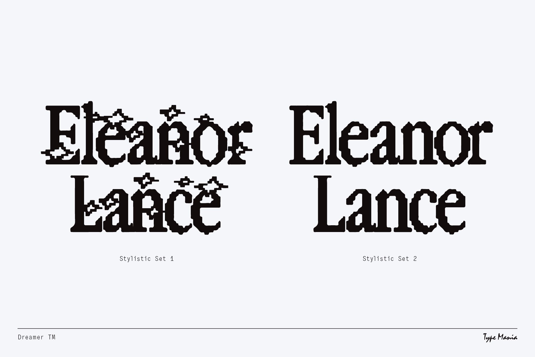 Vintage style typography showing two variations of the Eleanor Lance font in stylized sets. Ideal for graphic designers looking for unique font designs.