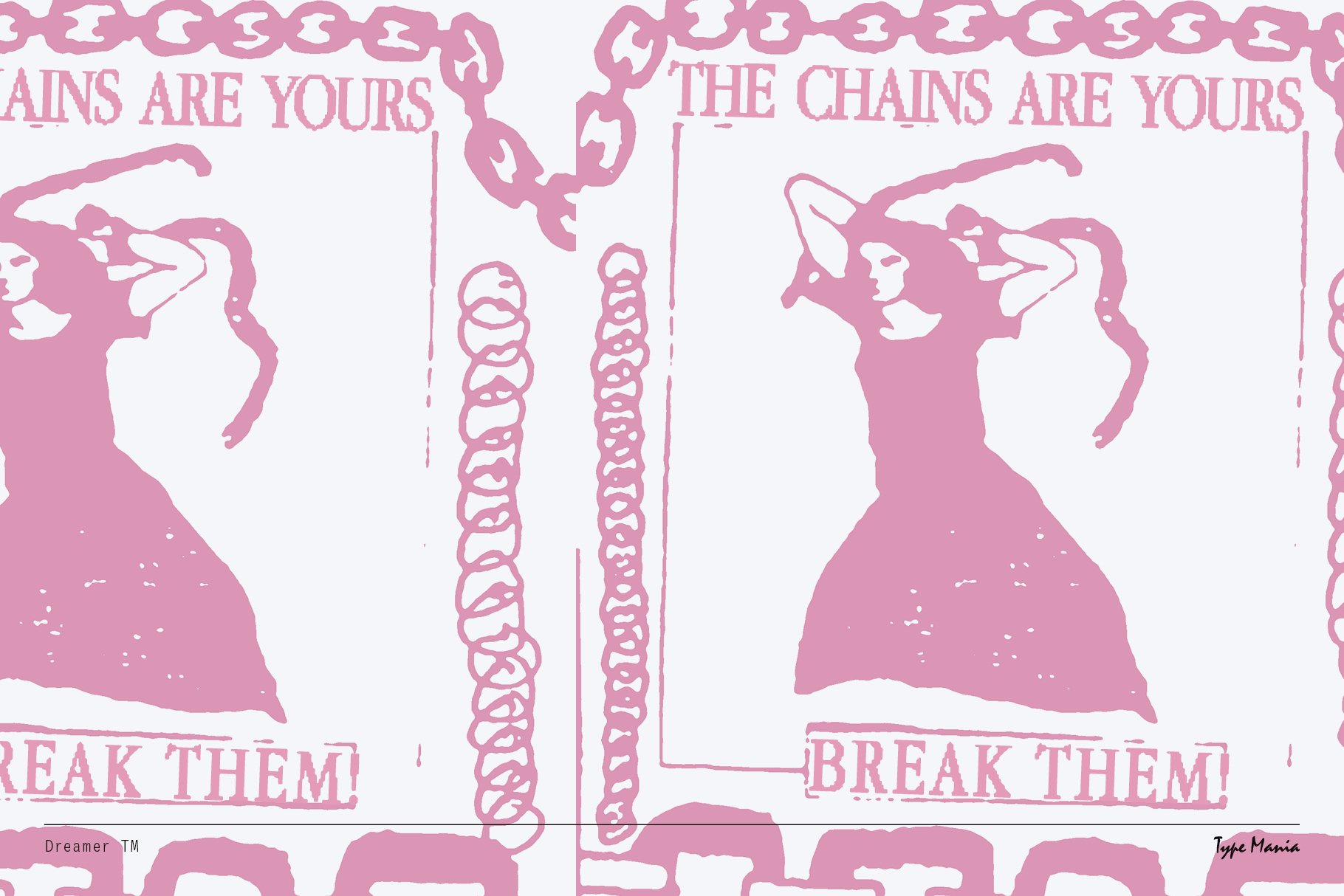 Bold pink graphic illustration featuring a woman breaking chains, emphasizing freedom. Ideal for use in poster templates or inspirational designs.