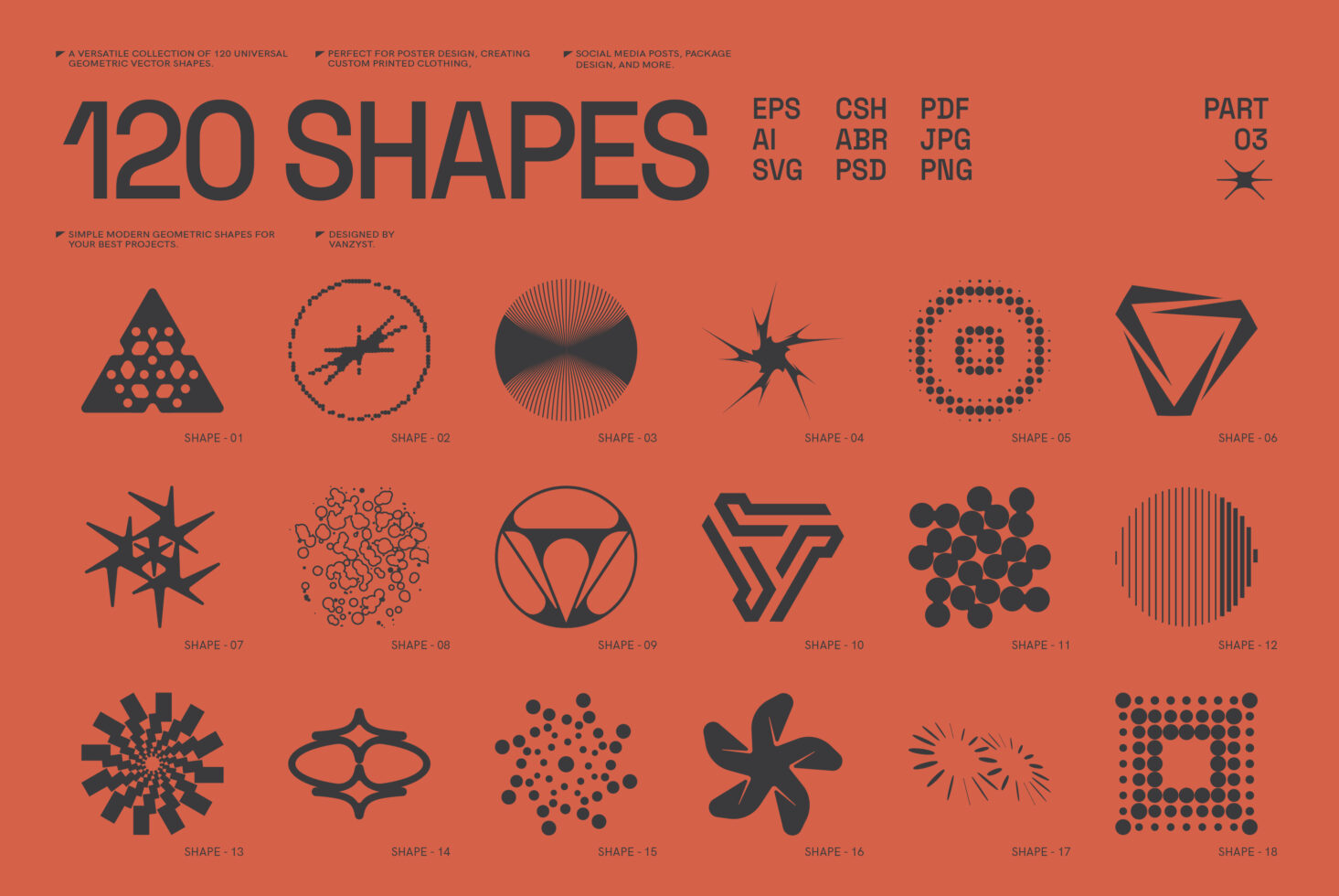 Set of 120 geometric vector shapes for design projects. Includes diverse abstract designs for mockups, templates, graphics in EPS, AI, SVG, PSD formats.