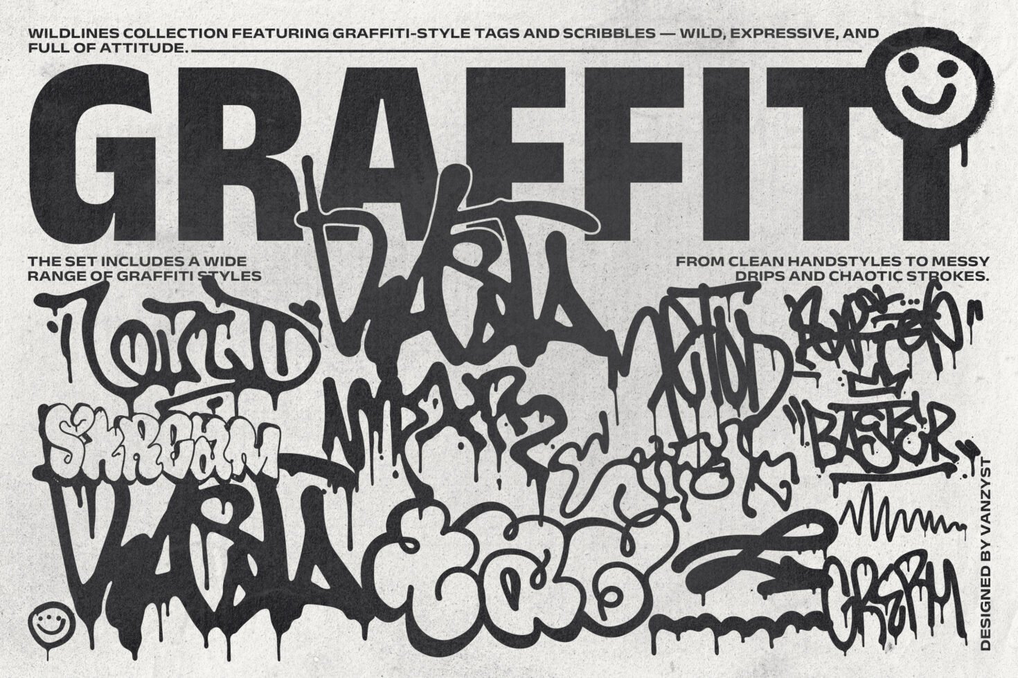 Graffiti-inspired collection displaying expressive tags and scribbles. Perfect for designers seeking urban fonts graphics templates. Edgy chaotic style.