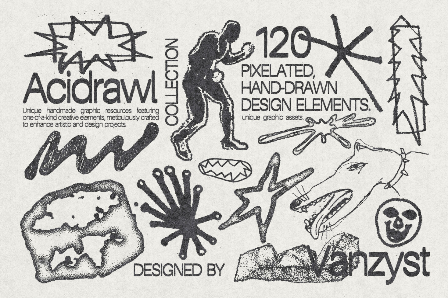Handmade graphic collection featuring 120 pixelated hand-drawn design elements for creative projects in templates, graphics, and mockups by Vanzyst.