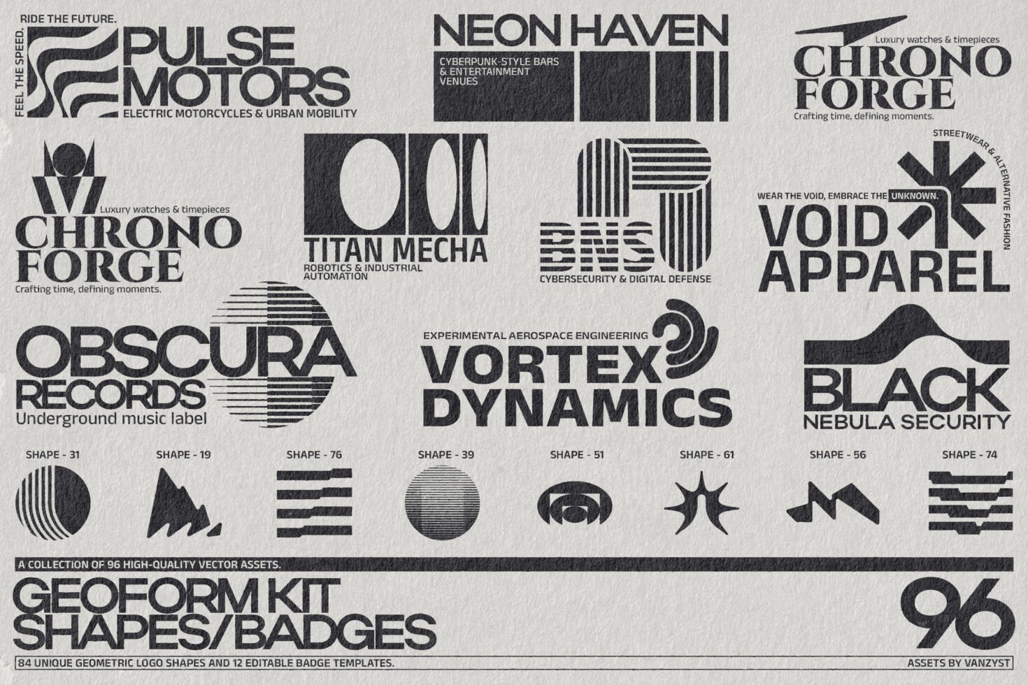 Vector logo collection with geometric designs for digital assets. Includes typography, shapes, and badges. Ideal for designers seeking creative templates.