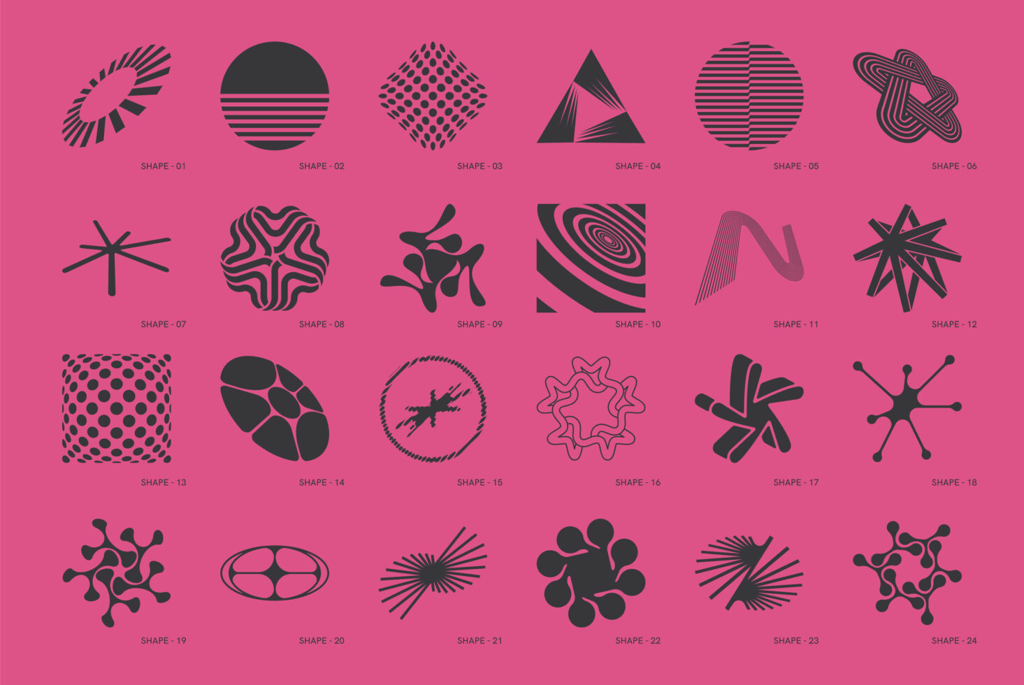 Abstract geometric shapes set on pink background for graphic design. Includes circles, triangles, and lines. Ideal for templates, graphics, mockups.