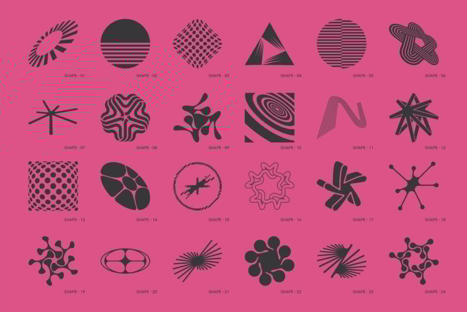 Abstract geometric shapes set on pink background for graphic design. Includes circles, triangles, and lines. Ideal for templates, graphics, mockups.