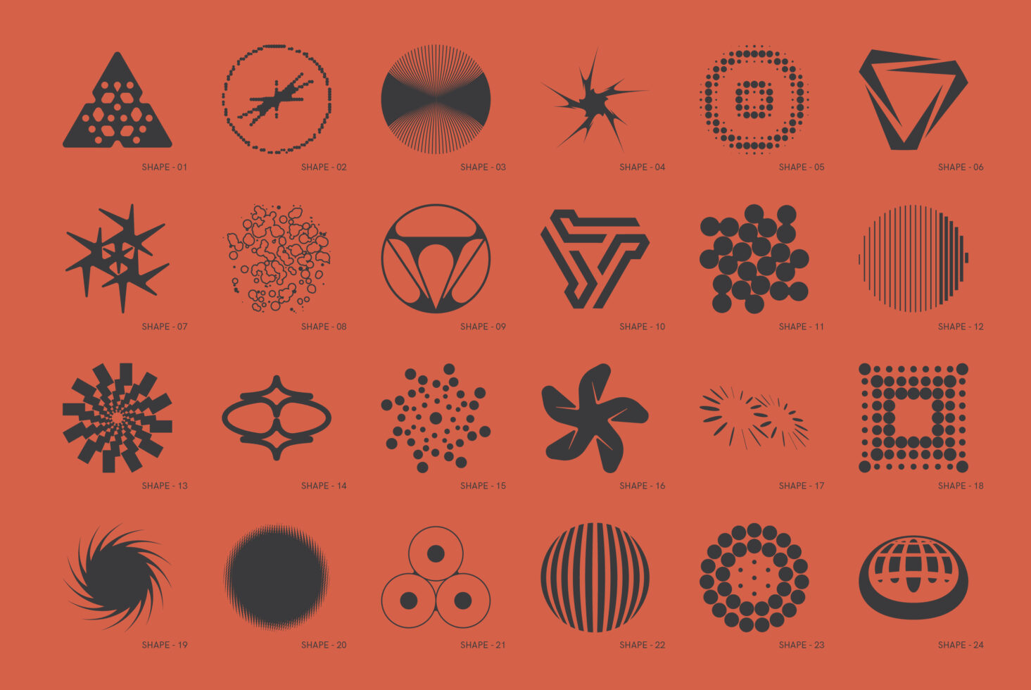 Collection of 24 abstract black geometric shapes on orange background ideal for modern graphic design templates mockups creative projects design assets