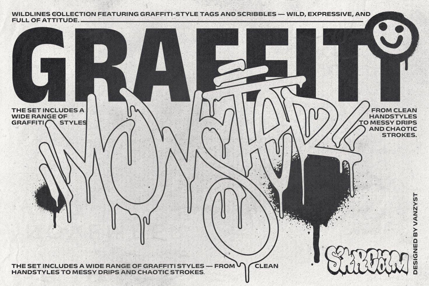 Wildlines graffiti collection for designers featuring expressive fonts with tags scribbles messy drips clean handstyles ideal for creative projects.