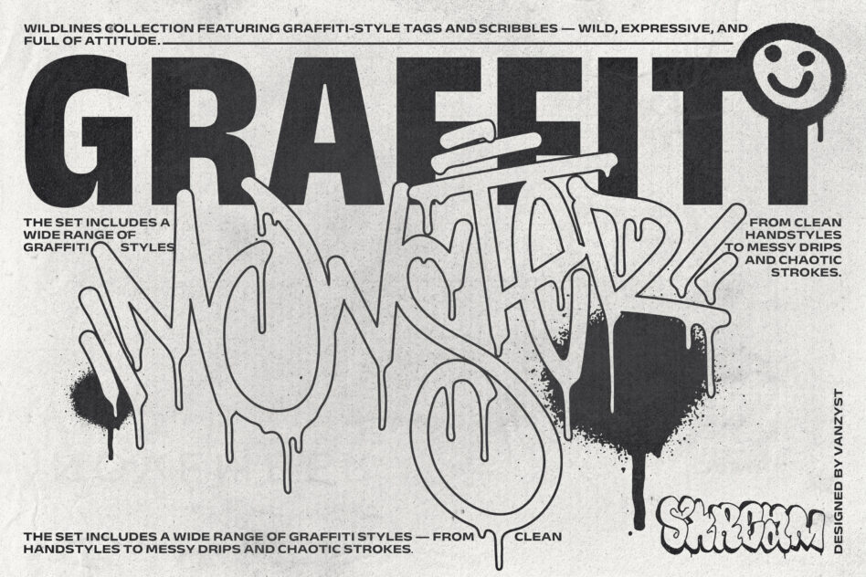 Wildlines graffiti collection for designers featuring expressive fonts with tags scribbles messy drips clean handstyles ideal for creative projects.