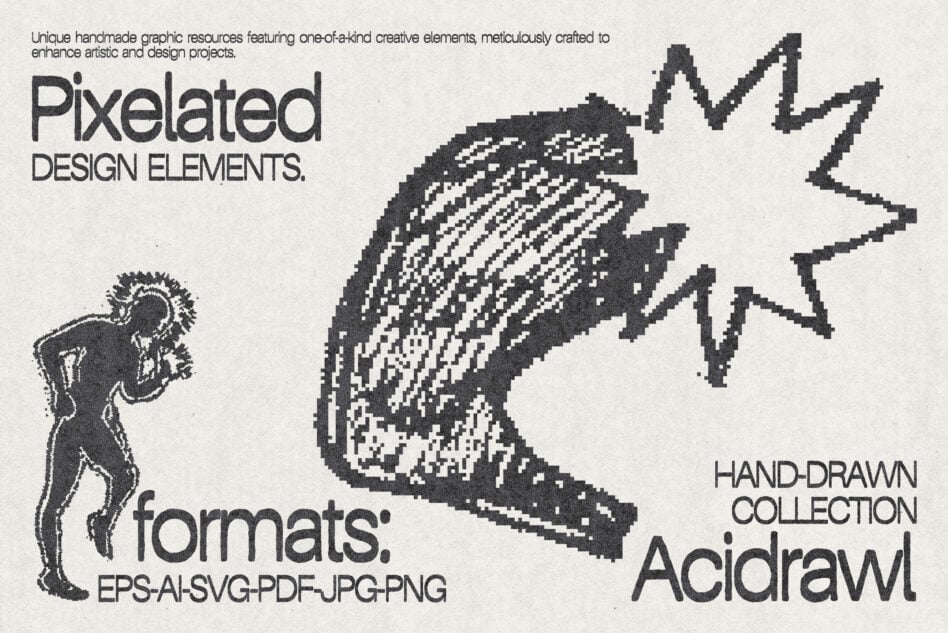Pixelated design elements collection showing jagged shapes, pixelated leaf, smiley face figures