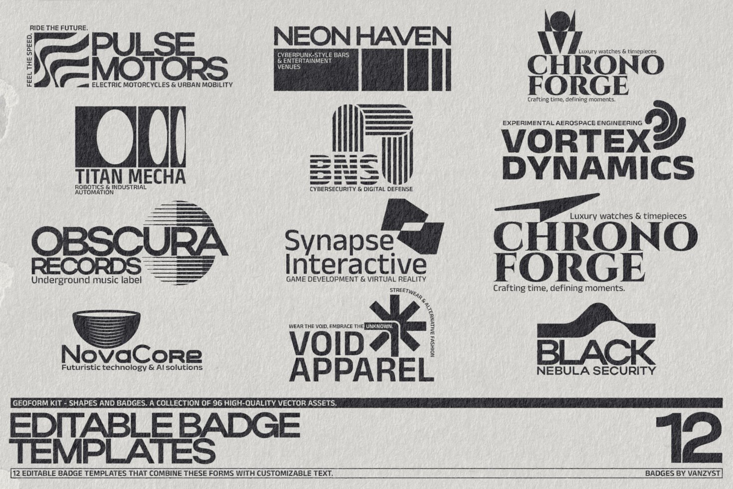 Editable badge templates collection with logos for mockups, typography, and vector design. Includes futuristic, industrial, and modern aesthetics.