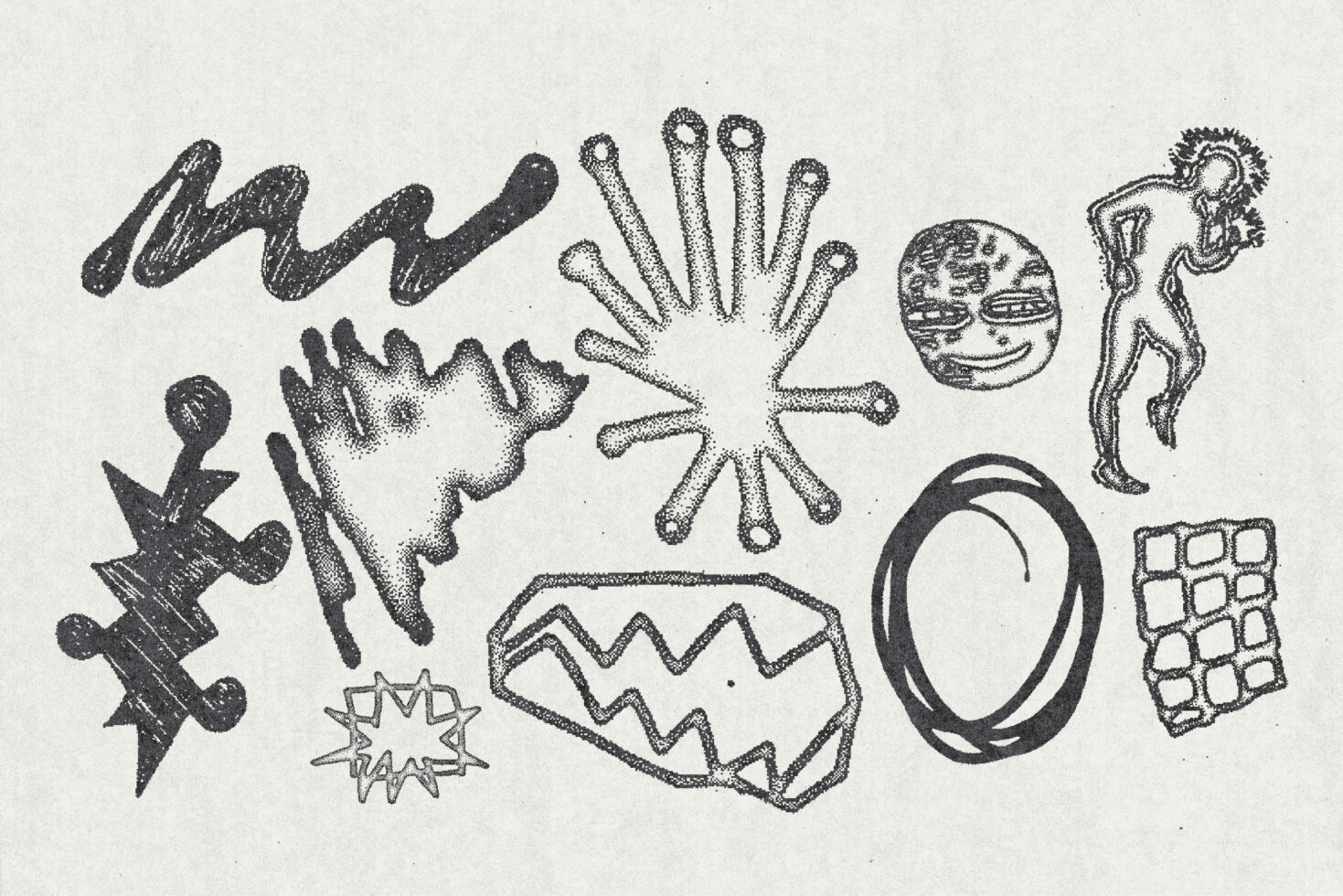 Abstract graphic shapes and symbols vector set in black ink style on textured paper perfect for designers seeking unique graphic elements templates.