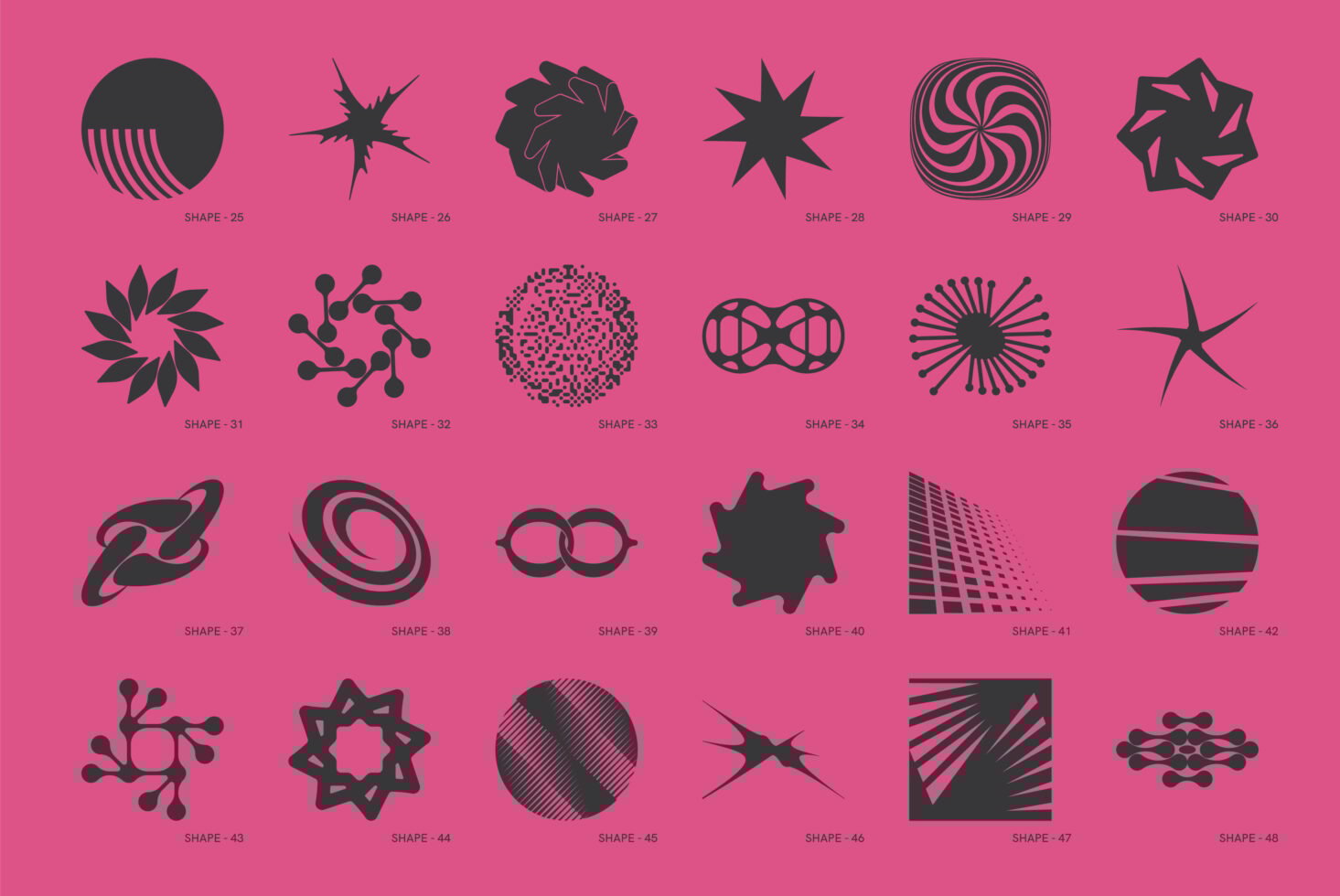 Vector shapes collection on pink background, ideal for design templates. Abstract graphics in 24 unique styles, perfect for digital assets.