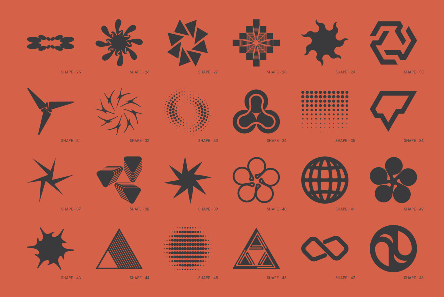 Set of 24 geometric shapes on red background graphic design asset digital illustration designer tool vector art modern abstract icons template