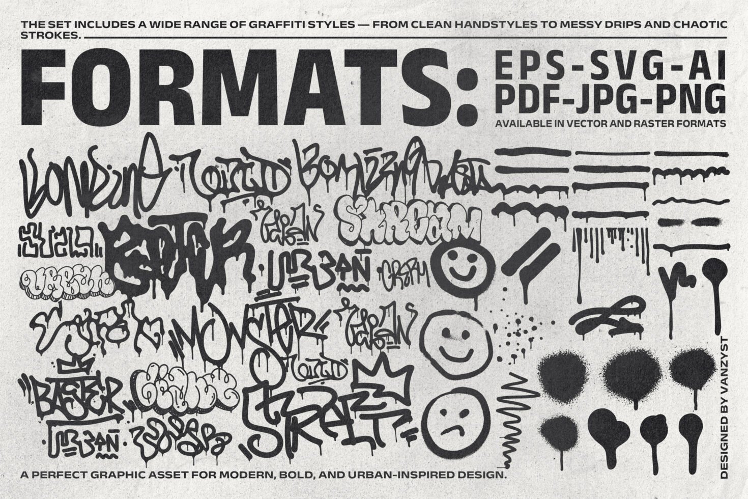 Graffiti style graphic elements collection with various handstyle and drip lettering. Available formats include EPS, SVG, AI, PDF, JPG, PNG. Urban art.