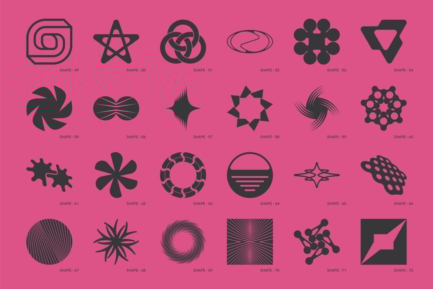 A collection of abstract, geometric vector shapes on a vibrant pink background, perfect for graphic designers seeking unique design elements and templates.