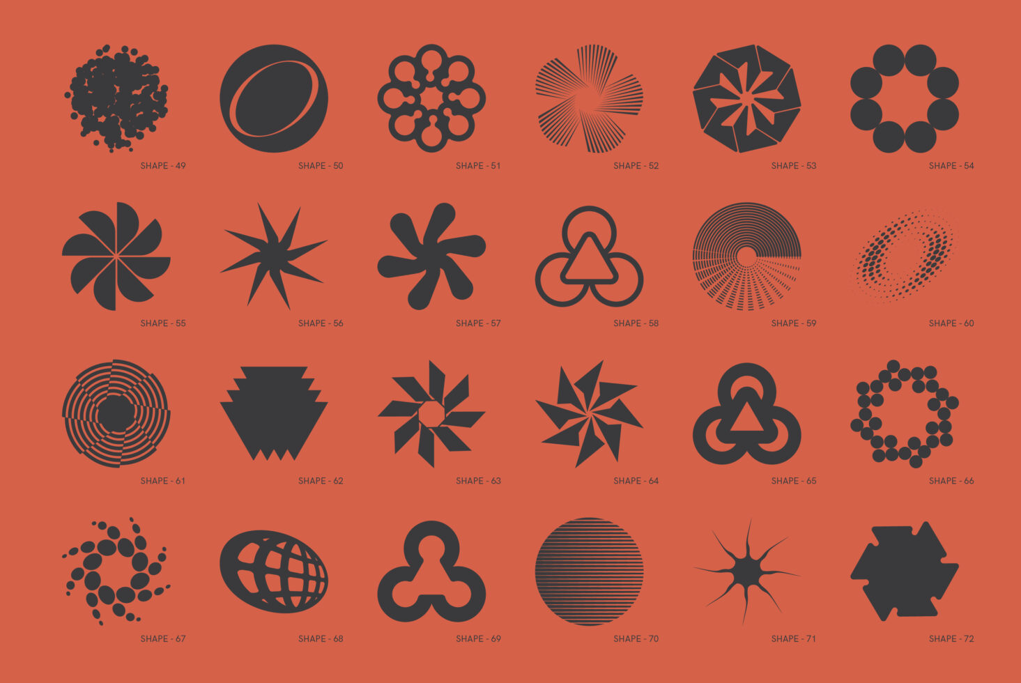 Set of 24 geometric shapes on orange background ideal for graphic design projects. Includes abstract patterns and vector graphics for templates and branding.