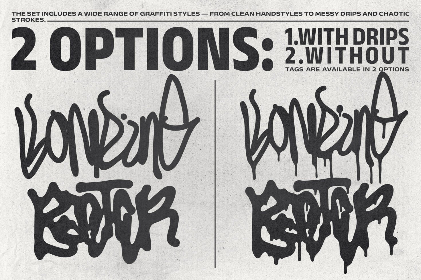 Graffiti design options with drips and without, ideal for graphic templates. Handstyle tags for creative projects. Urban font styles for designers.