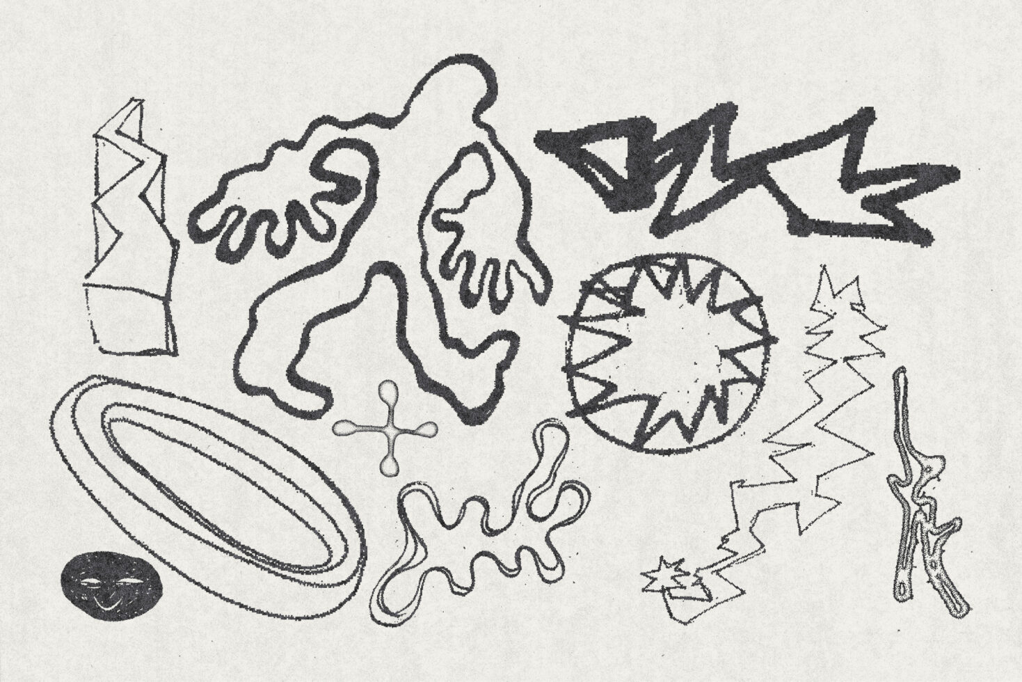 Abstract graphic art featuring diverse black sketch elements on textured paper. Ideal for design projects, branding, and creative templates.