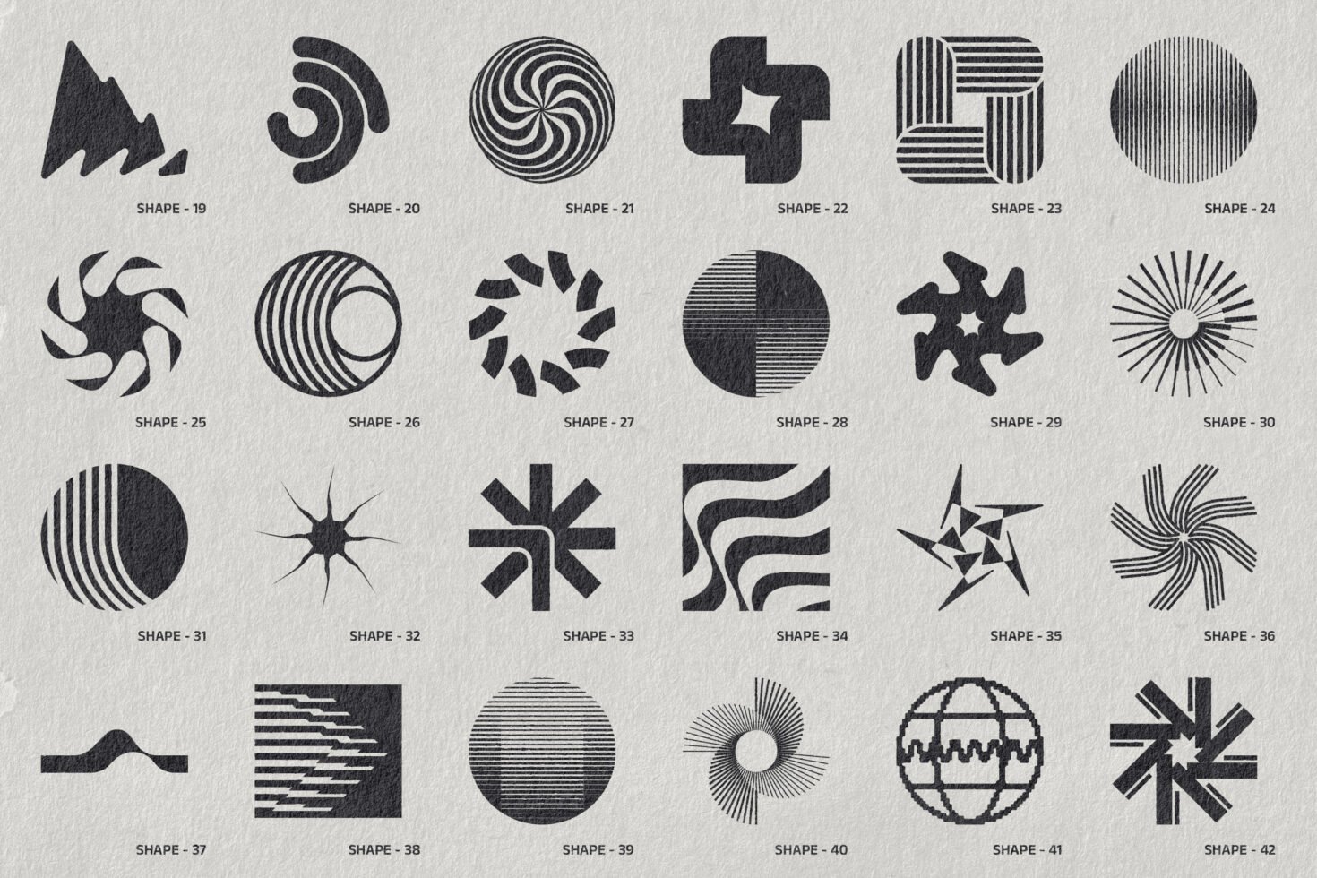 Collection of 24 abstract geometric shapes in black on textured white background ideal for graphic templates and design mockups. Keywords: abstract shapes graphics design asset