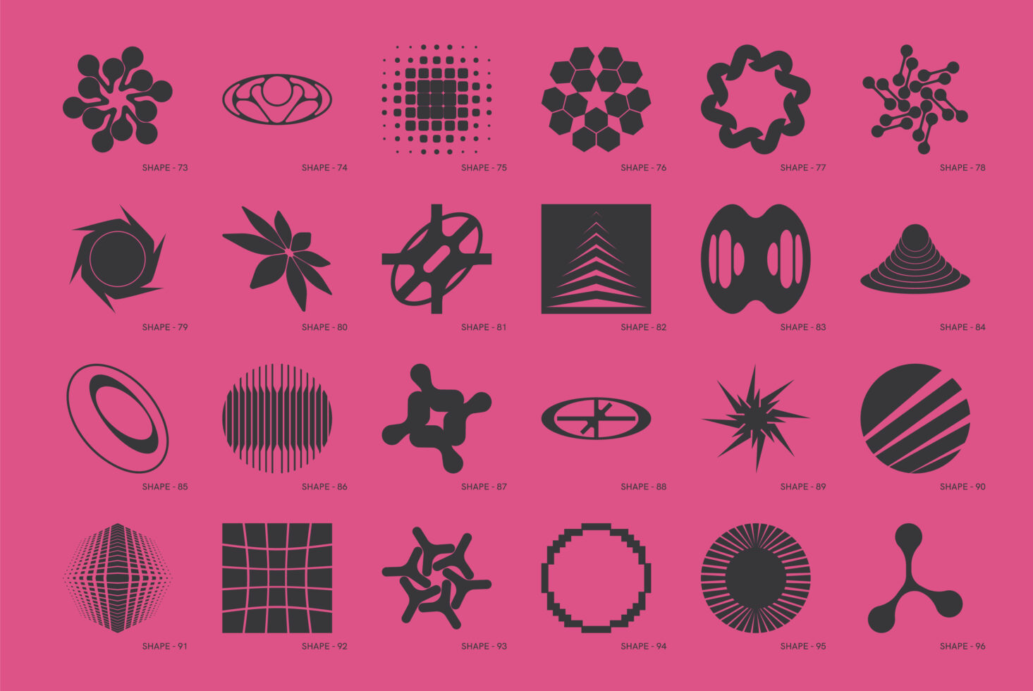Collection of 24 geometric vector shapes on a pink background ideal for graphic designers digital assets abstract templates for creative projects.
