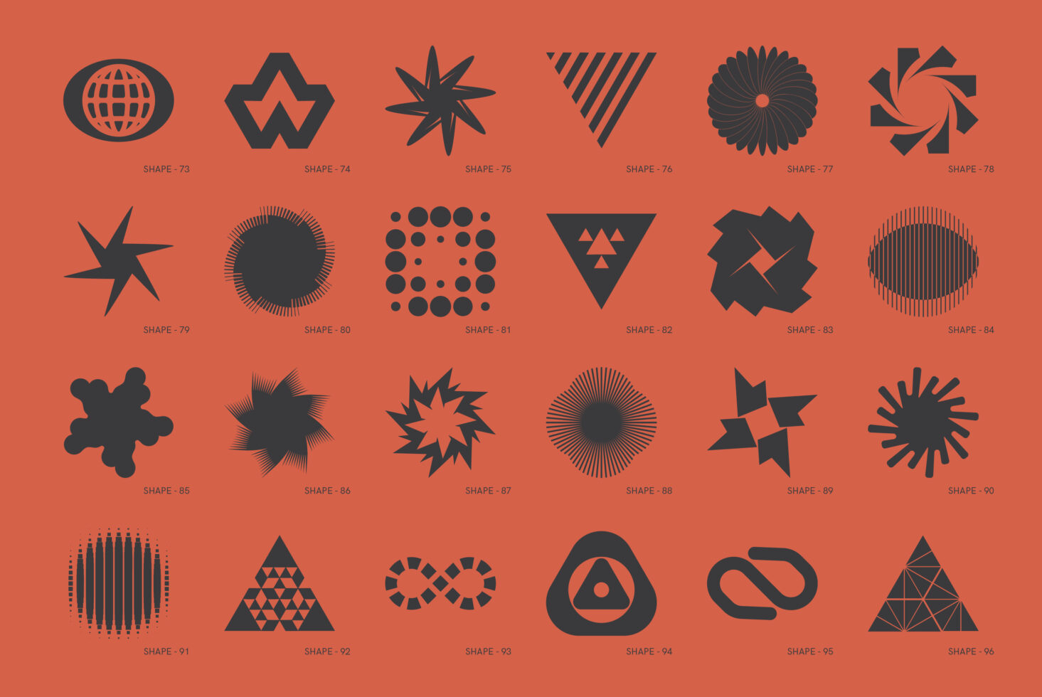 Abstract geometric shapes set on orange background ideal for graphic design projects. Includes circles triangles stars SEO keywords: graphic design shapes.
