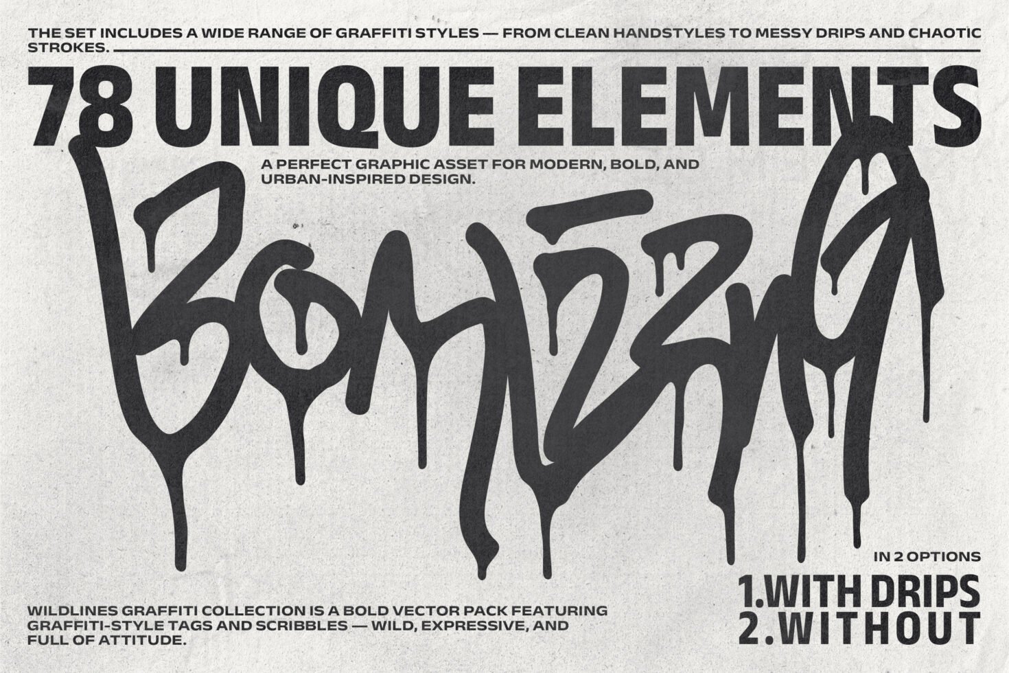 Graffiti vector pack with 78 unique elements for bold, urban design. Includes handstyles, drips, chaotic strokes. Ideal for digital graphics.