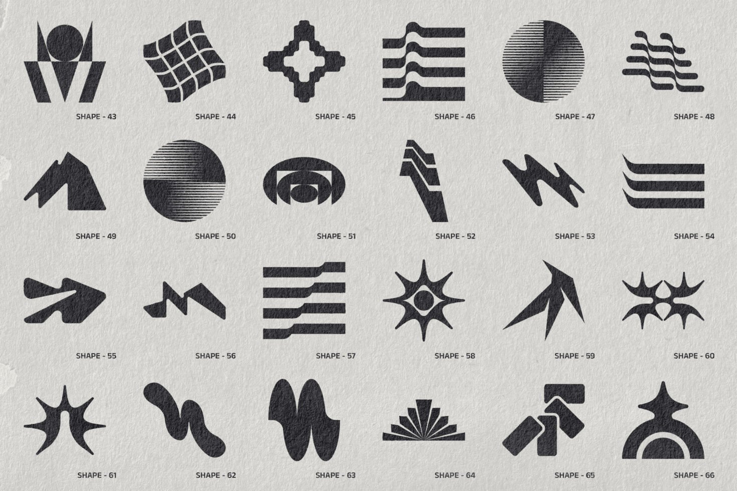 Set of 24 abstract geometric vector shapes on textured paper. Perfect for graphic design templates, logos, modern branding. Versatile asset for designers.