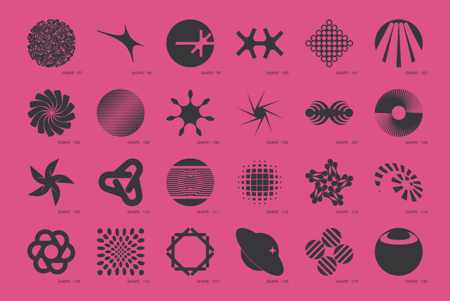 Set of 24 abstract graphic shapes on a pink background for design projects. Ideal for templates, graphics, and creative design elements.