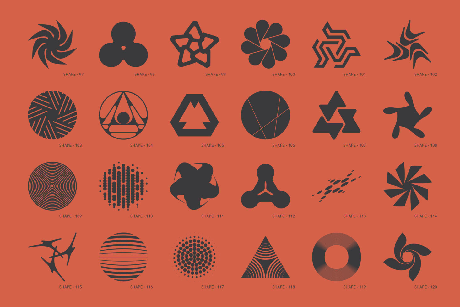 Twenty unique black geometric shapes on orange background for design. Ideal for graphics, logos, templates. Modern vector art collection for designers.