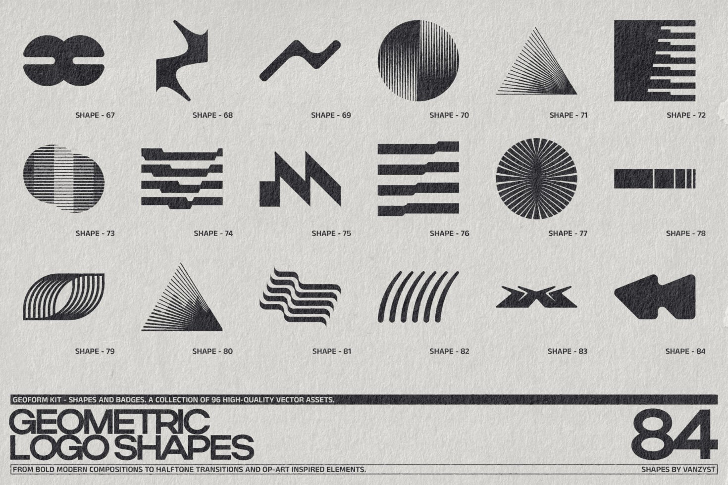 Set of 18 geometric shapes in black on textured background. Ideal for logo design, vector graphics, and template creation. Perfect for designers.