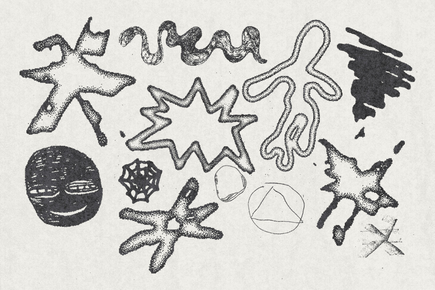 Abstract doodle shapes and textures in black and white illustration. Perfect for graphic design, templates, and creative projects. Digital asset for designers.