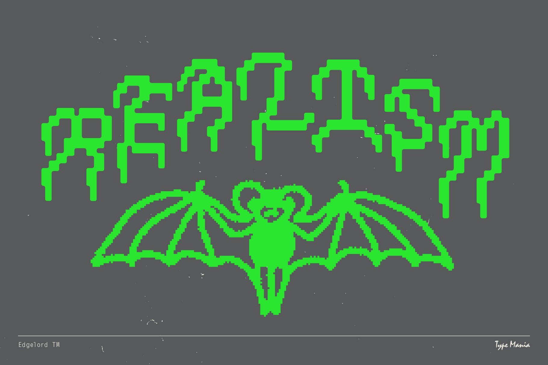 Glowing green pixelated typeface graphic featuring a bat motif and dripping text on dark background. Perfect for retro designs and digital assets.