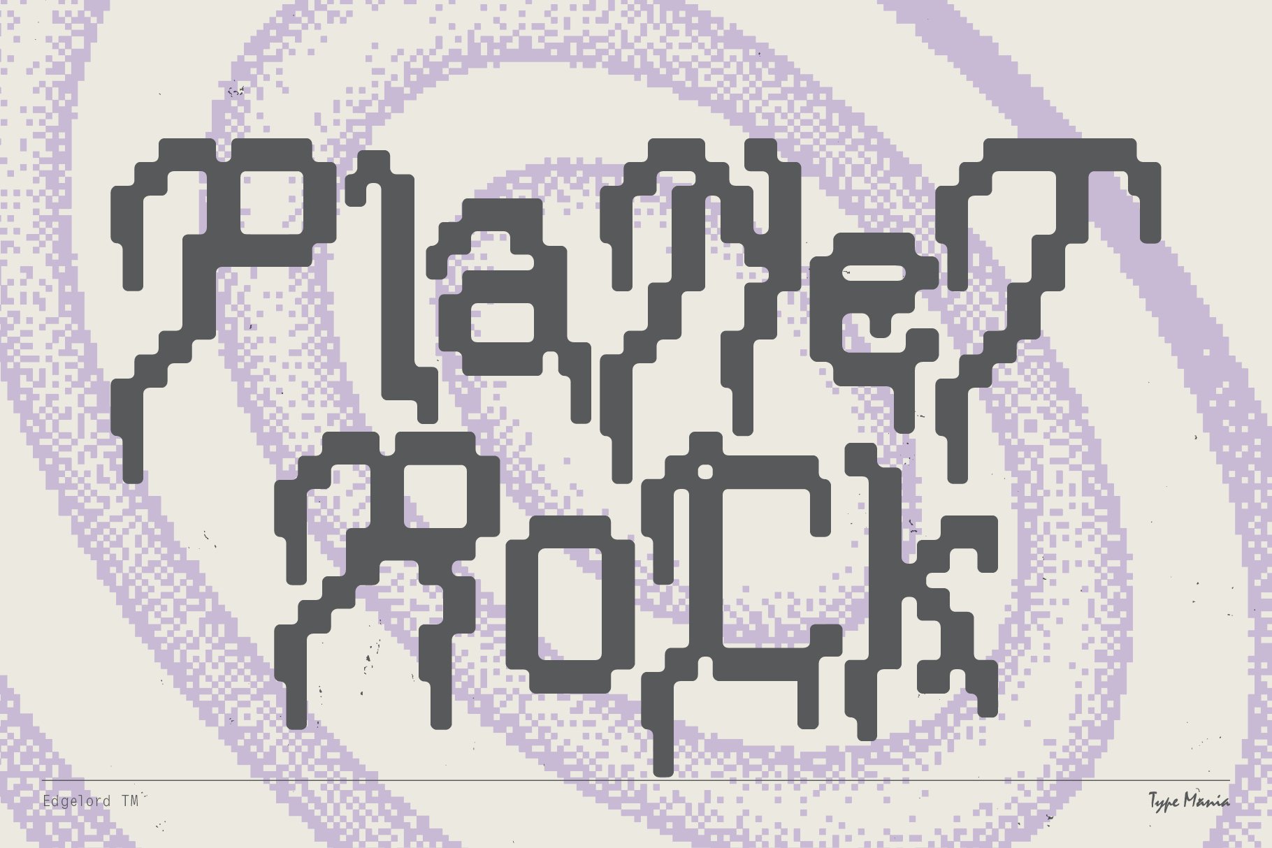 Pixelated text graphic displaying Planet Rock in a retro font style with a purple and white background. Ideal for designers needing unique font graphics.