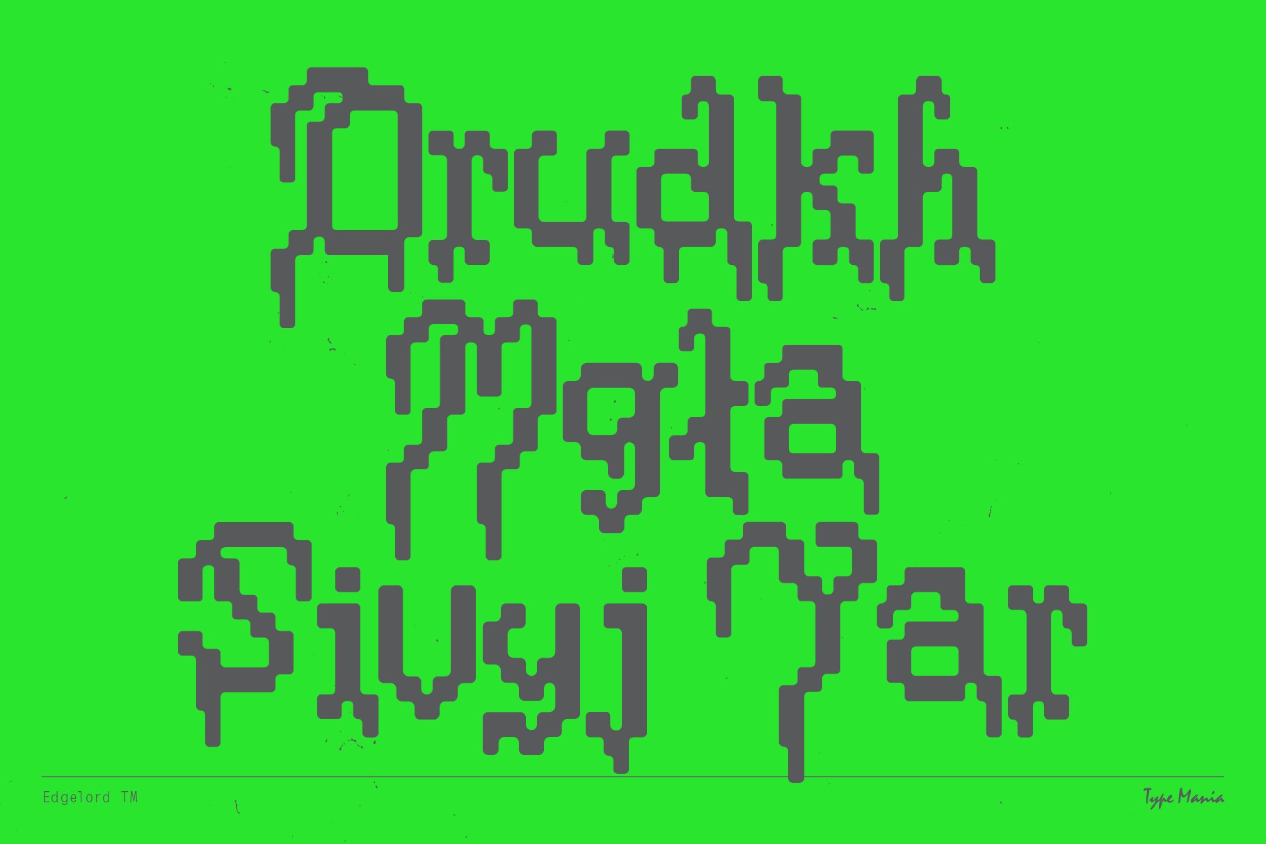 Pixelated font design on neon green background, showcasing Edgelord typography for digital designers. Perfect for bold graphic projects and templates.