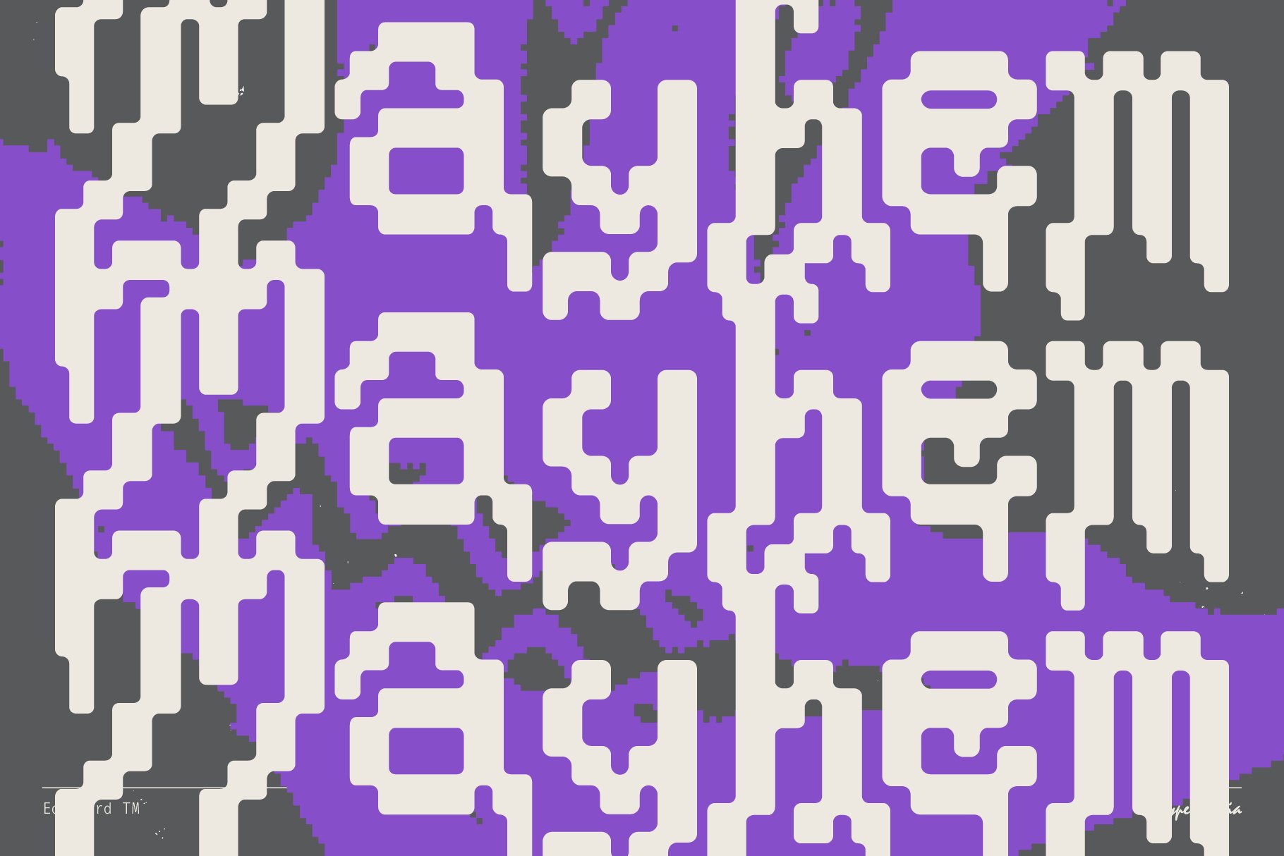 Bold abstract font design with dripping effect in purple and white repeating the word mayhem. Ideal for modern graphic design and typography projects.