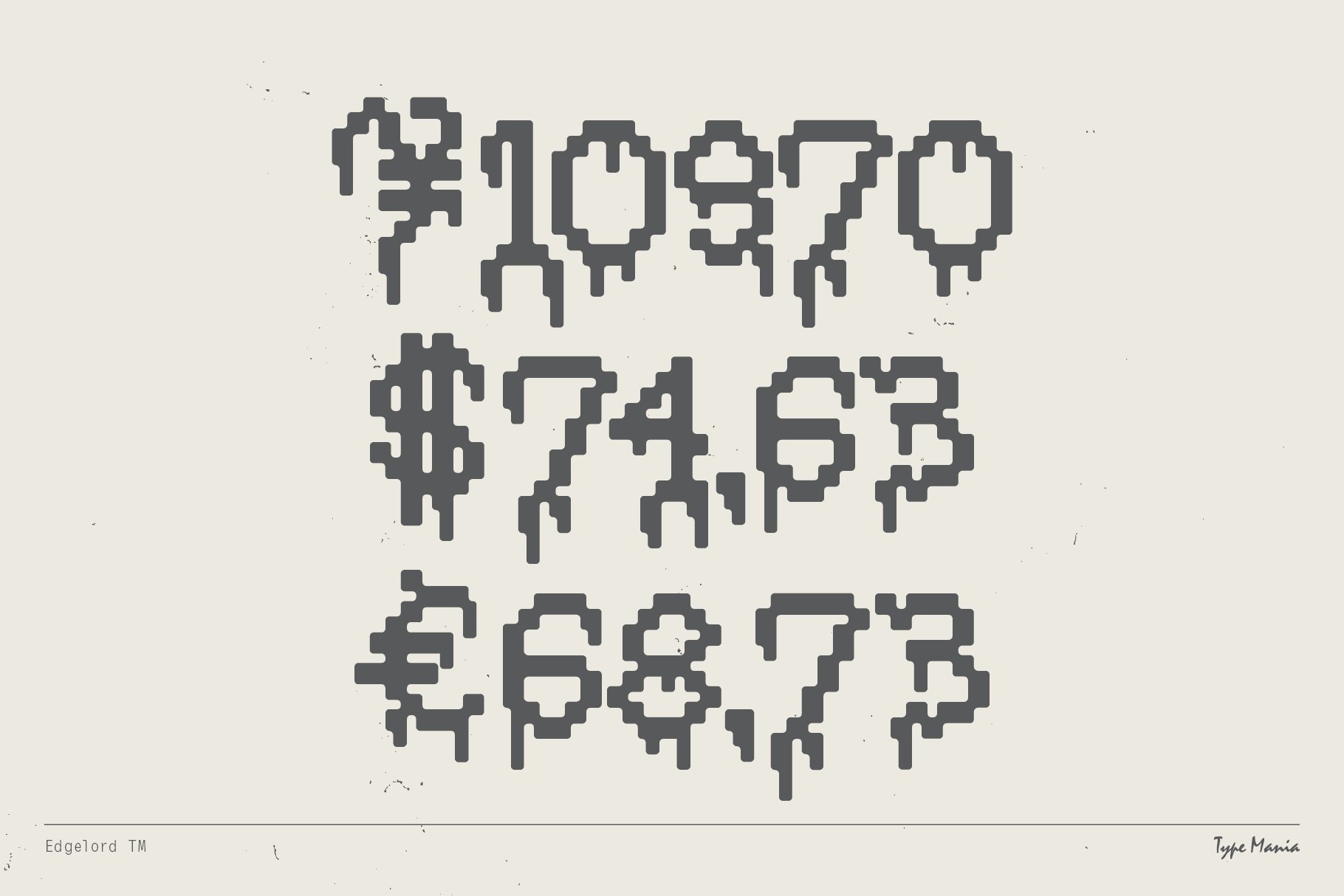 Dripping pixelated font with currency symbols and numbers, ideal for edgy graphic design projects. Unique typeface for designers seeking modern aesthetics.